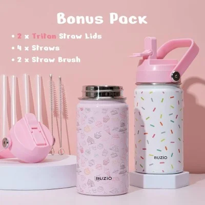 Buzio Kids Water Bottle 500ML - White Ribbon + Pink Marble